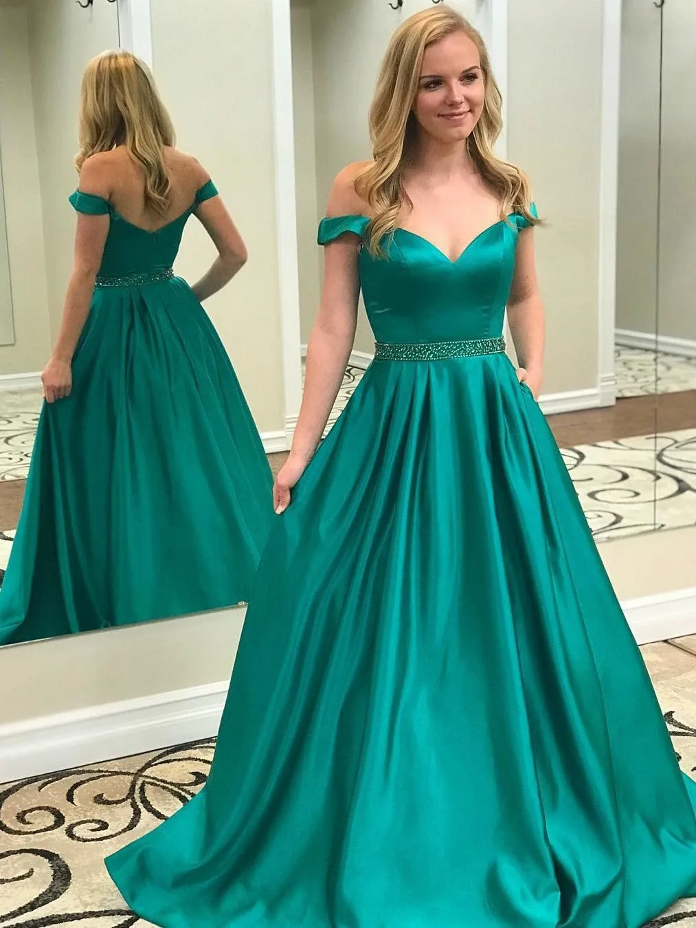 Modern Satin Off-the-shoulder Chapel Train A-line Prom Dresses With Beadings PD033