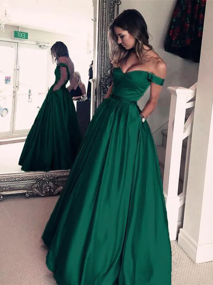 Modern Satin Off-the-shoulder Chapel Train A-line Prom Dresses With Beadings PD033