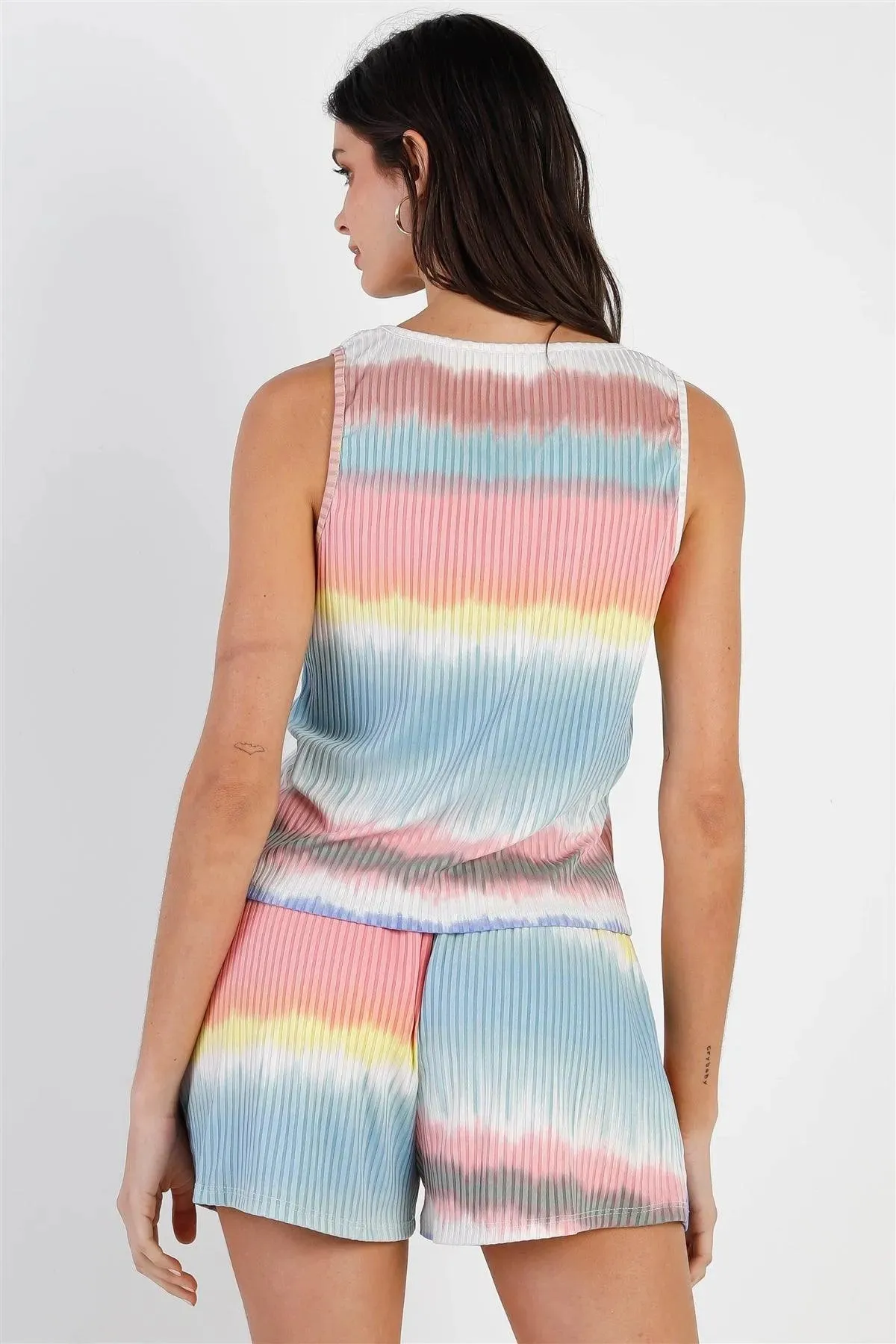 Multi Color Ribbed Stripe Tie-Dye Button Up Detail Top & Short Set /2-2-1