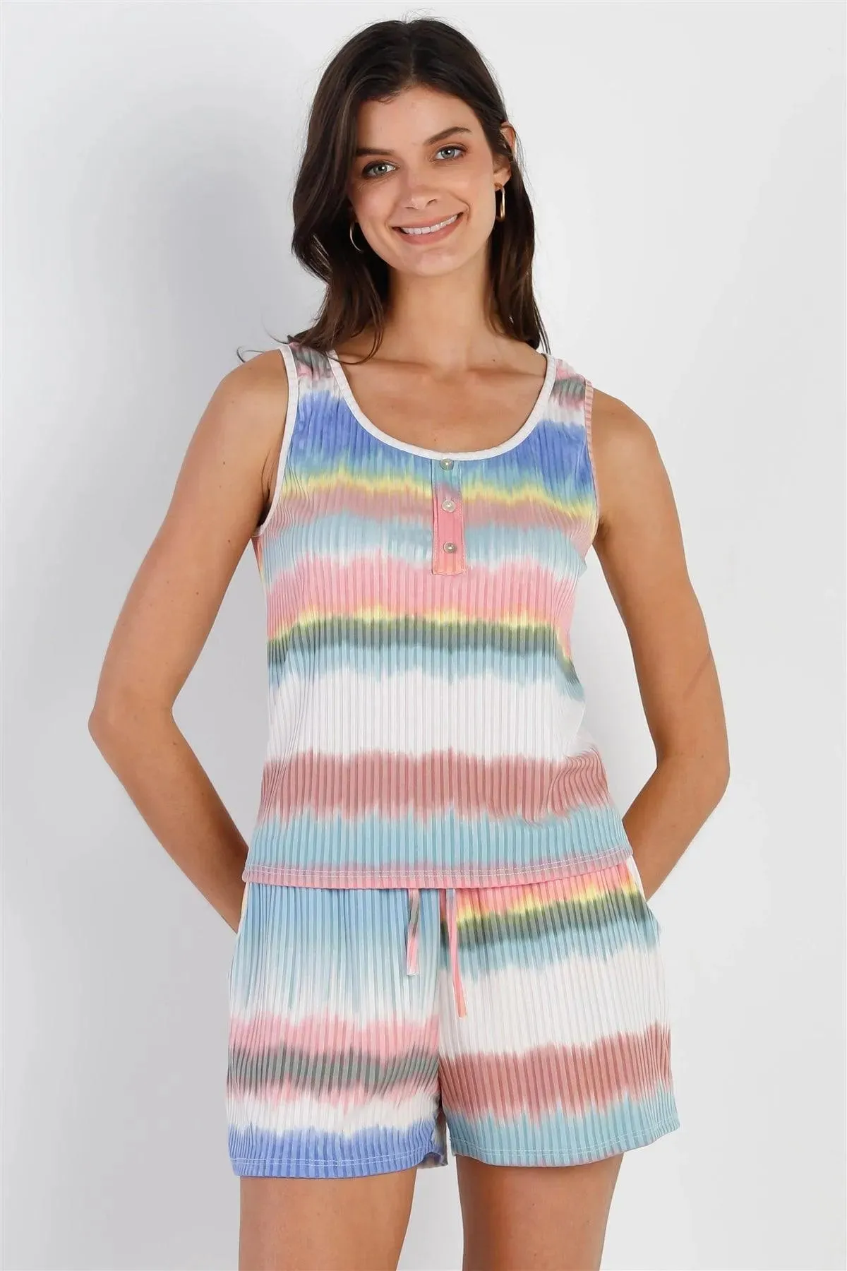 Multi Color Ribbed Stripe Tie-Dye Button Up Detail Top & Short Set /2-2-1