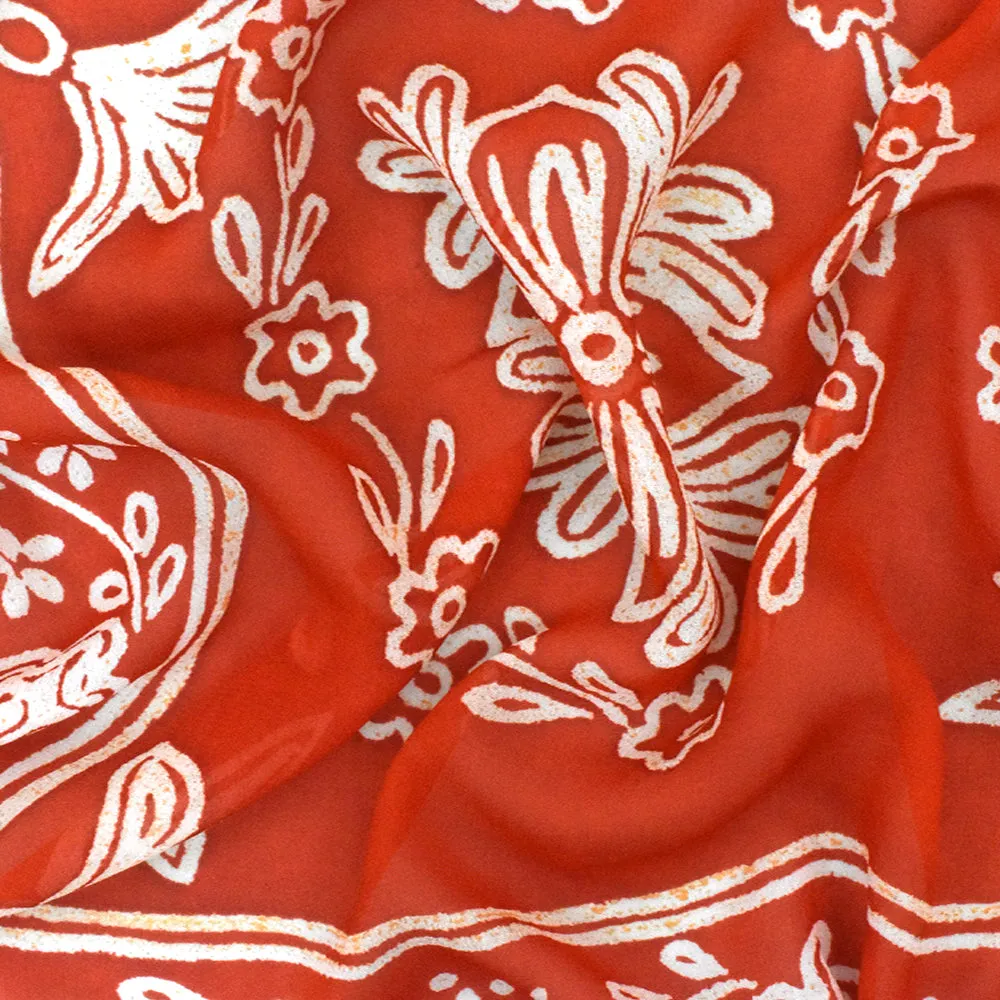 Red-Ivory-Orange Famous Designer Floral Print Rayon Georgette Fabric