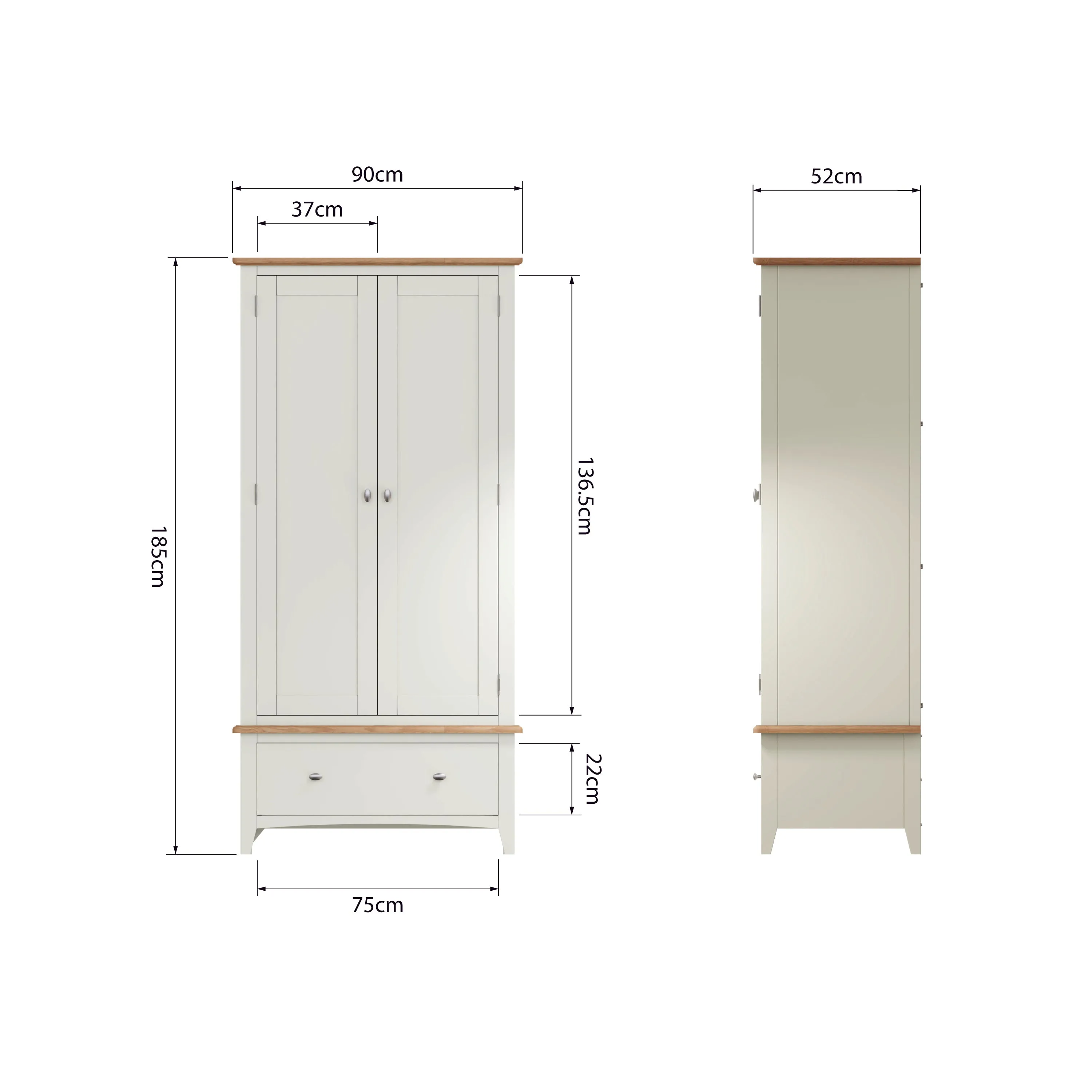Salisbury Pure White Wardrobe 2 Door with Drawer 90 x 52 x 185 cm