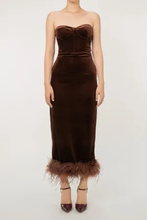 Vintage Sweetheart Neck Corset Velvet Faux Feather Trim Evening Maxi Dress