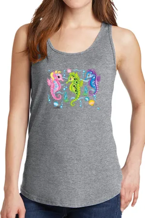 Women's Three Colorful Seahorses Core Cotton Tank Tops -XS~4XL